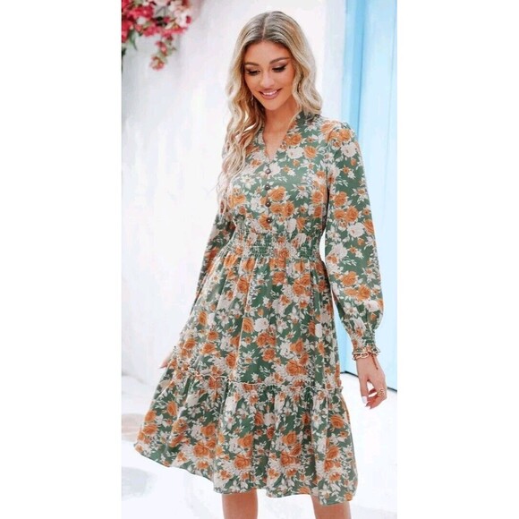 Cupshe Cottagecore Ditsy Floral Peasant‎ Long Sleeve Knee Length Dress M - Picture 1 of 9